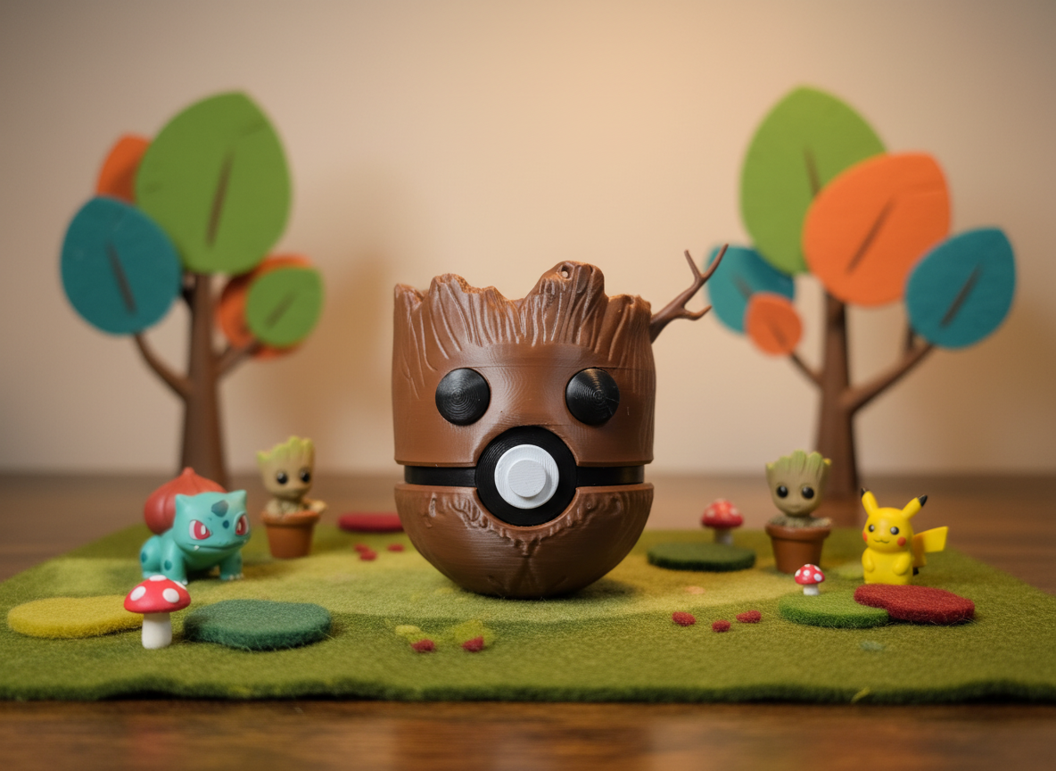 Groot Pokeball Figure - 3D Printed Fandom Mashup Desk Decor 1