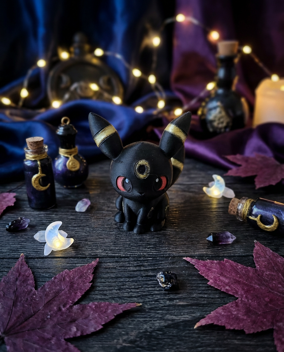 Umbreon Figure, 3D Printed Fan Art - Black and Gold Desk Decor 1