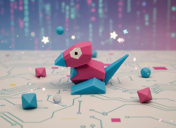 Porygon Figure - Low Poly Miniature, Retro Gaming Desk Accessory