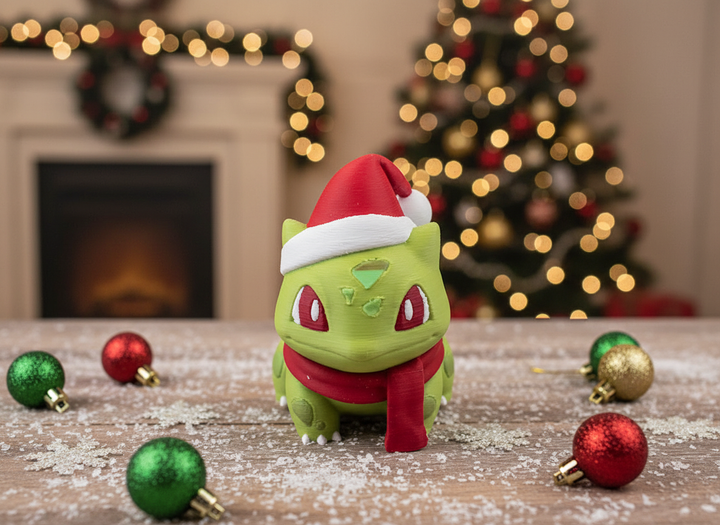 Christmas Bulbasaur Figure - 3D Printed Holiday Desk Decor