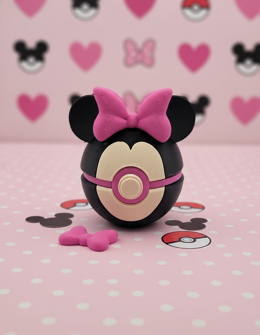 Minnie Mouse Pokeball - 3D Printed Figure, Cartoon Mashup Decor 1