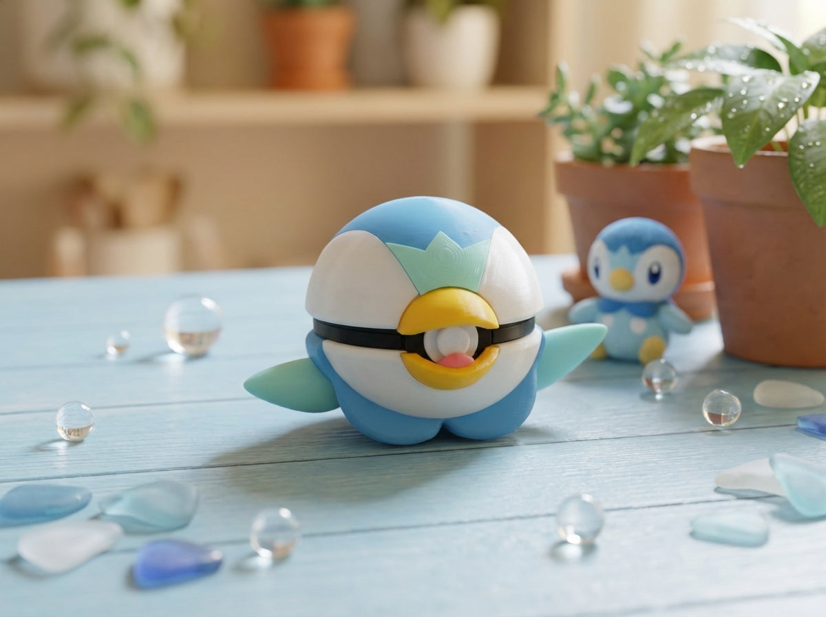 Piplup Pokeball Replica, 3D Printed Figure, Sinnoh Starter Desk Decor 1