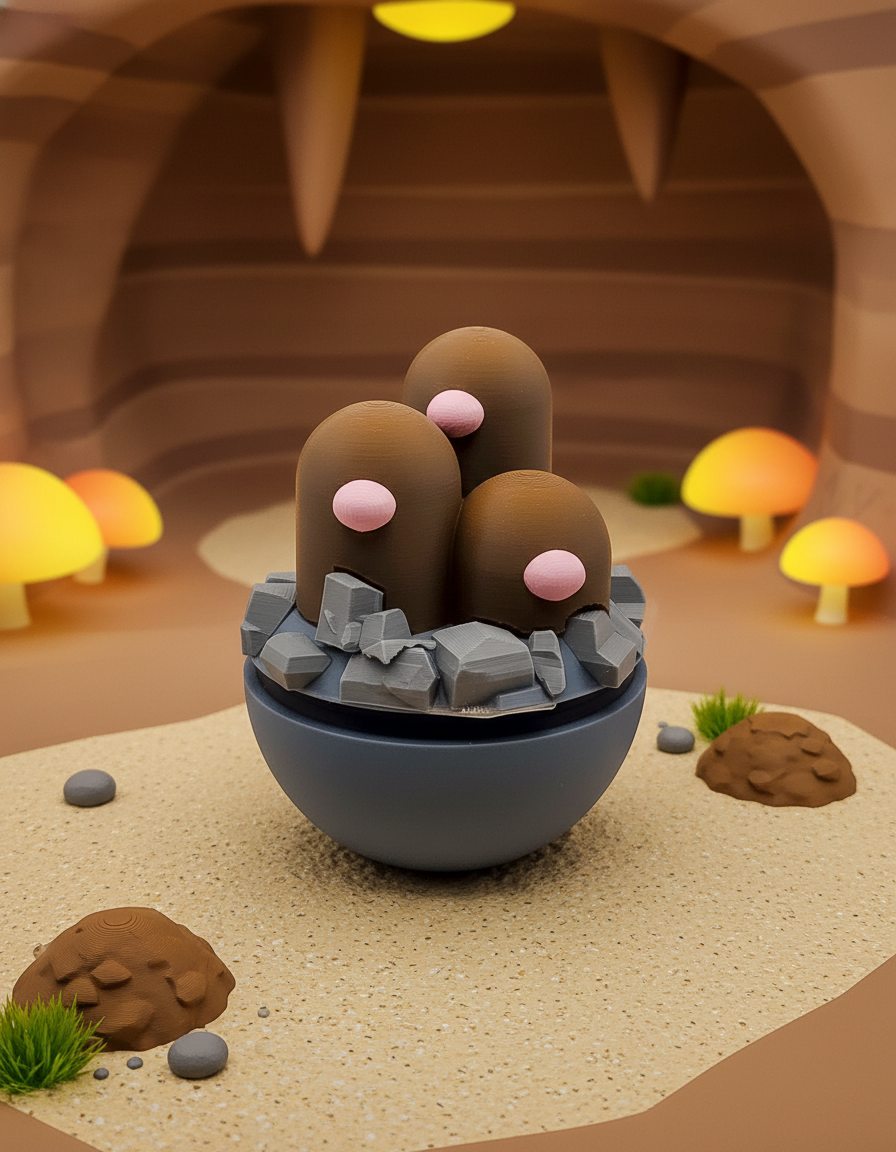Dugtrio Pokeball Figure - 3D Printed Gamer Desk Decor, Collector Item 1