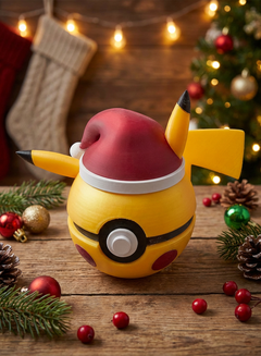 Santa Pikachu Pokeball, 3D Printed Holiday Figure, Gamer Desk Decor 1