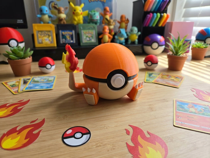 Charmander Pokeball Figure, 3D Printed Pokemon Collectible, Desk Display