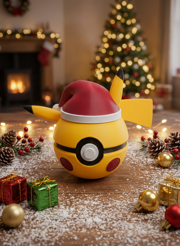 Santa Pikachu Pokeball, 3D Printed Holiday Figure, Gamer Desk Decor