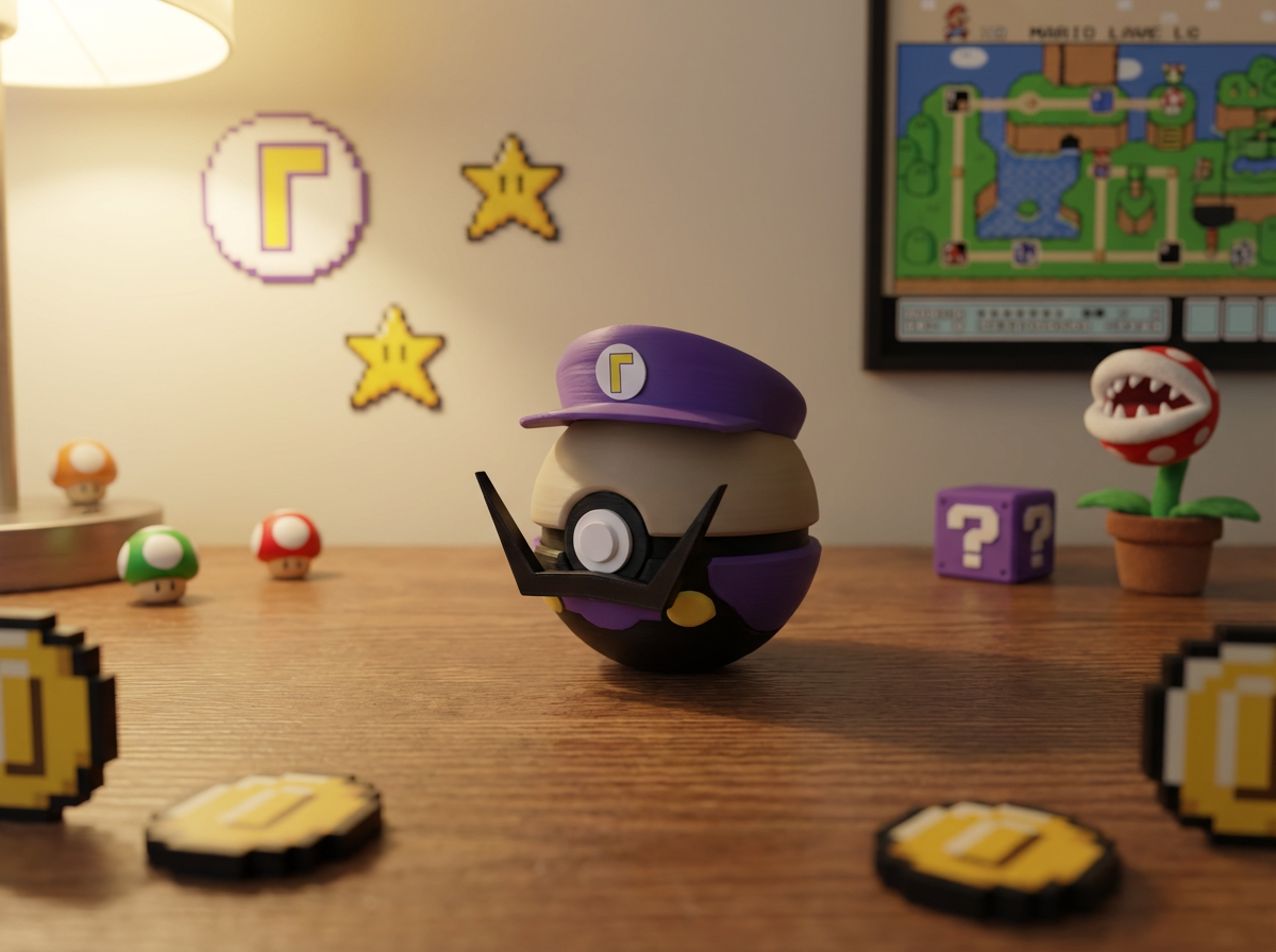 Waluigi Pokeball Figure, 3D Printed Gamer Desk Decor 1