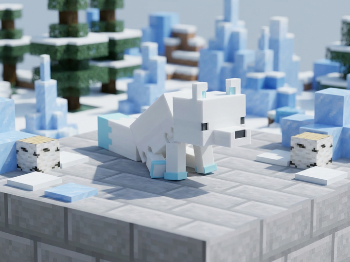 Minecraft Arctic Fox Figure, 3D Printed Pixel Art Statue