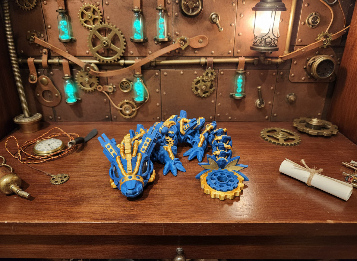Articulated Steampunk Dragon - Small Figure - Blue and Gold 3