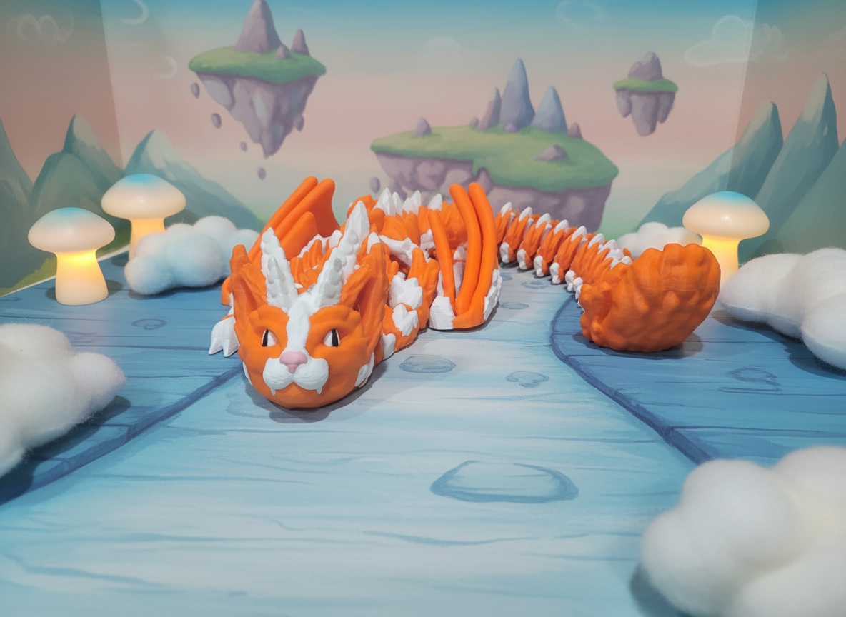 Articulated Cat Dragon - Poseable Feline Fidget Toy - Orange and White 3