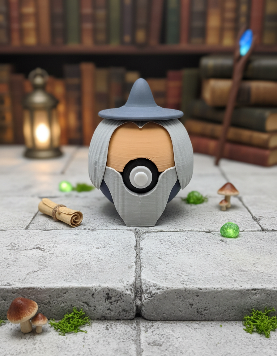 Gandalf Pokeball Figure, 3D Printed Wizard Crossover, Geek Desk Decor 1